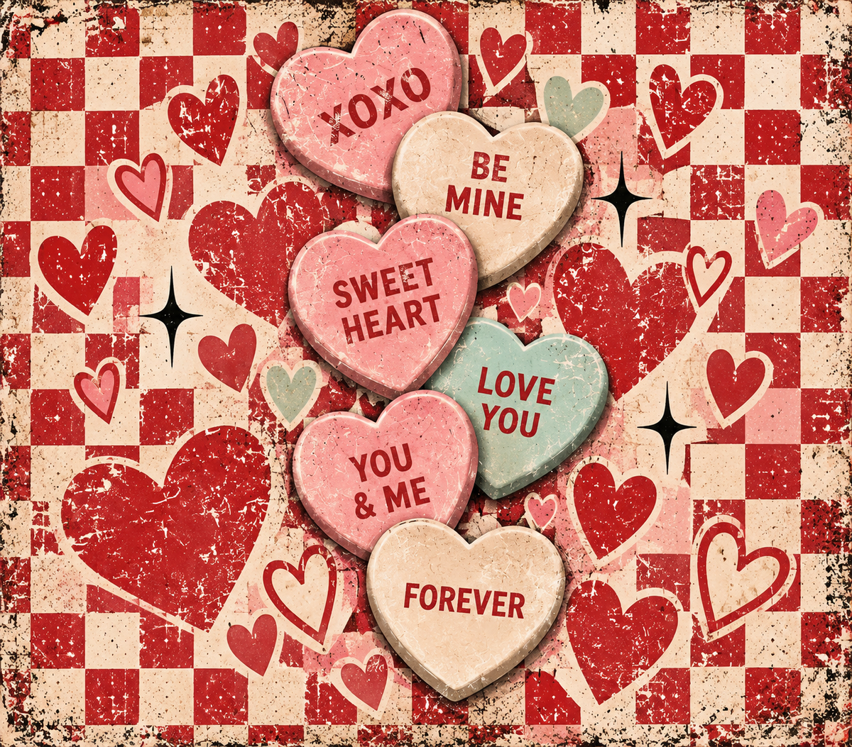 Retro Valentine Candy Hearts Tumbler Wrap Sublimation Design – Digital Download PNG