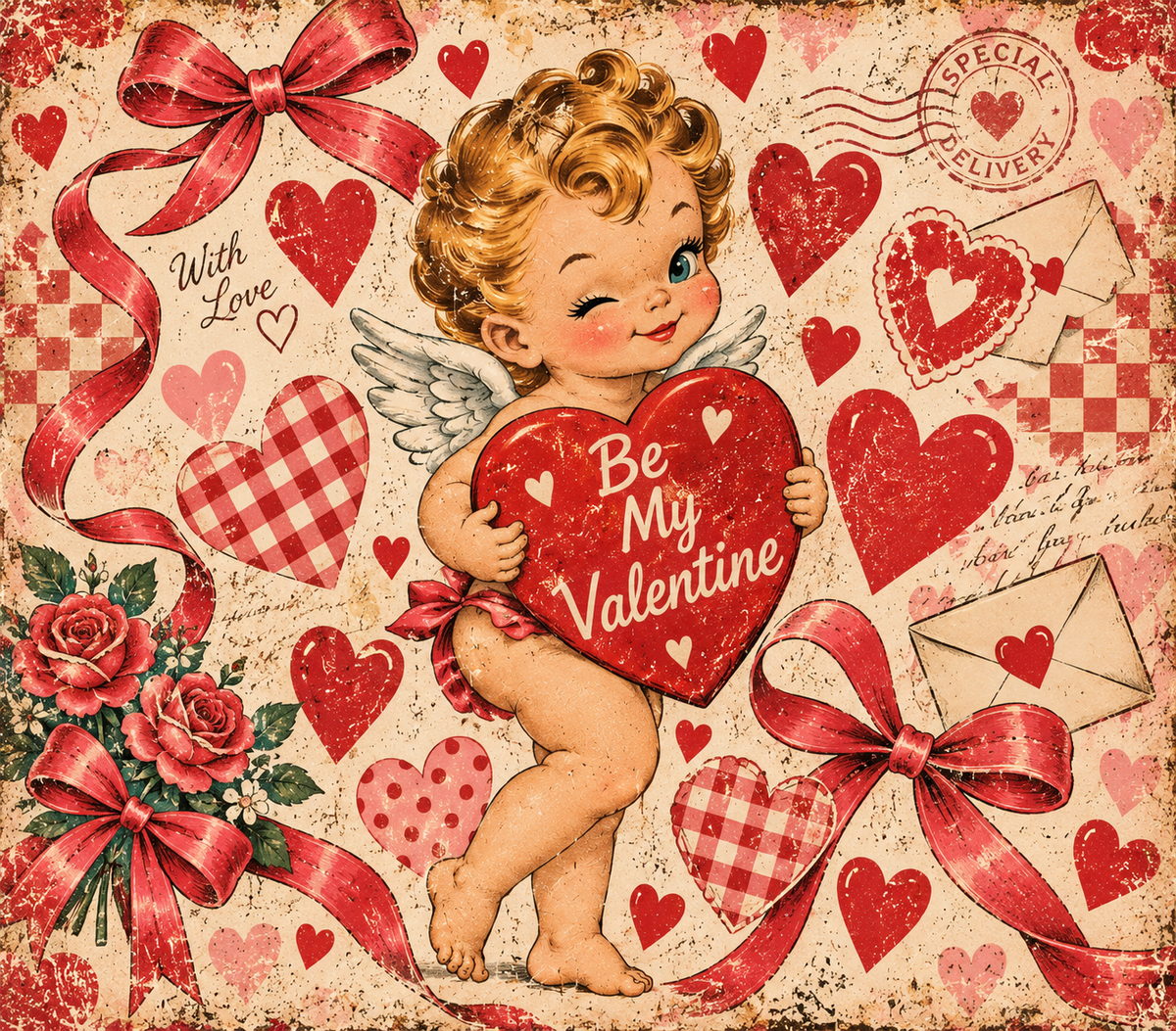Cute Retro Valentine Cupid Tumbler Wrap Sublimation Design – Digital Download PNG