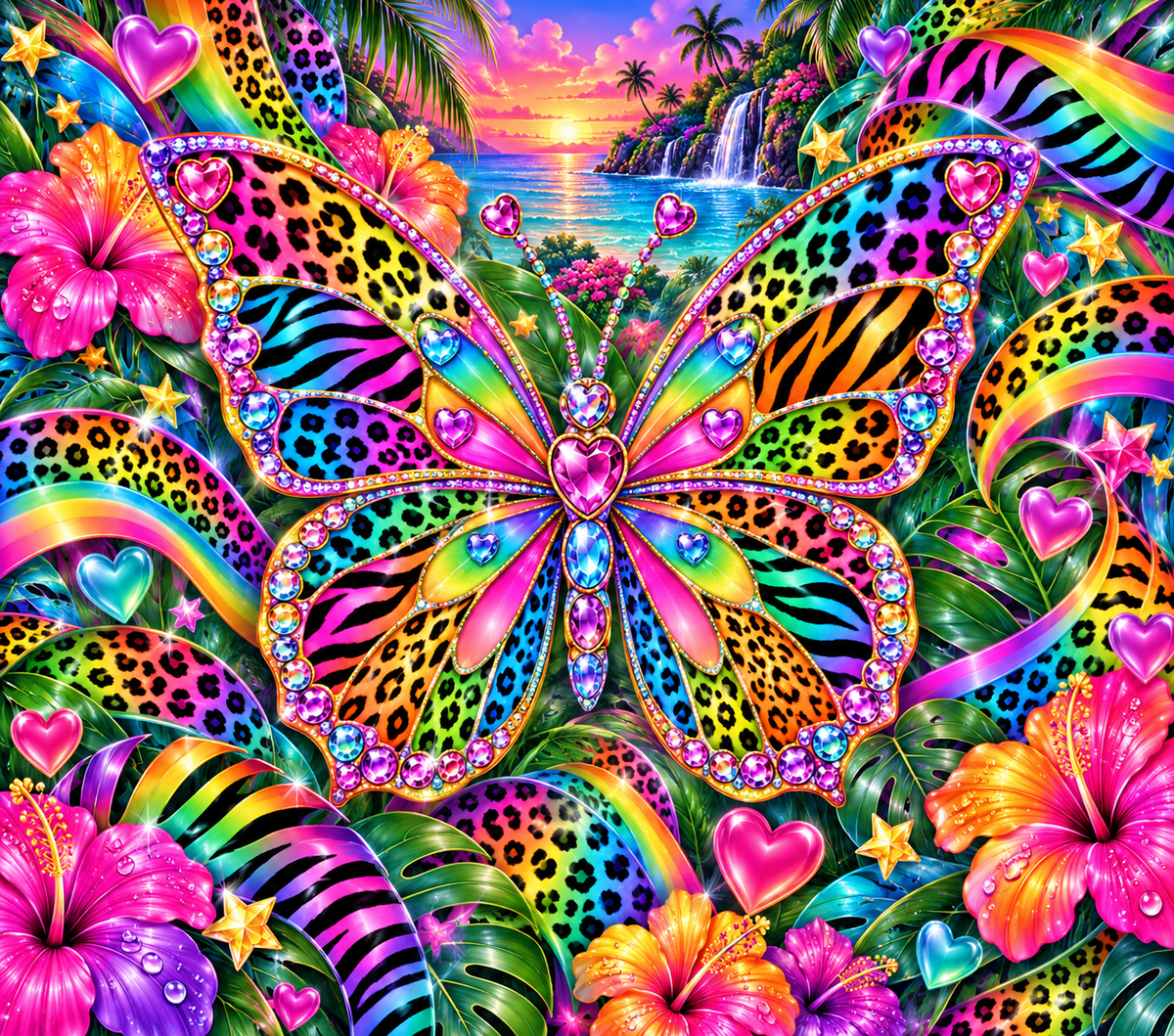 Lisa Frank Inspired Wild Butterfly & Leopard Print Tumbler Wrap Sublimation Design – Digital Download PNG