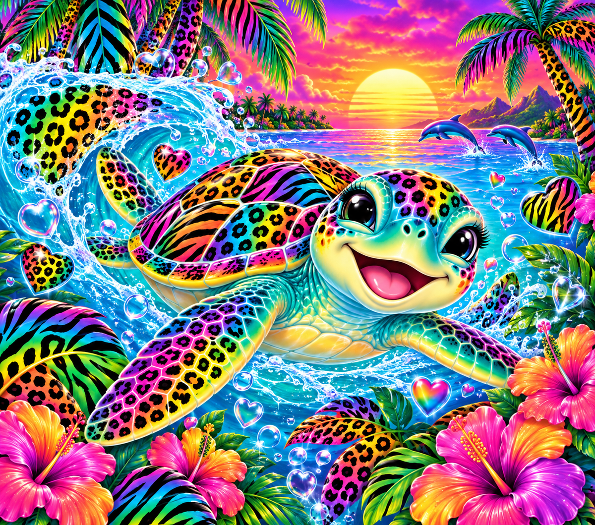 Lisa Frank Inspired Cute Turtle & Leopard Print Tumbler Wrap Sublimation Design – Digital Download PNG